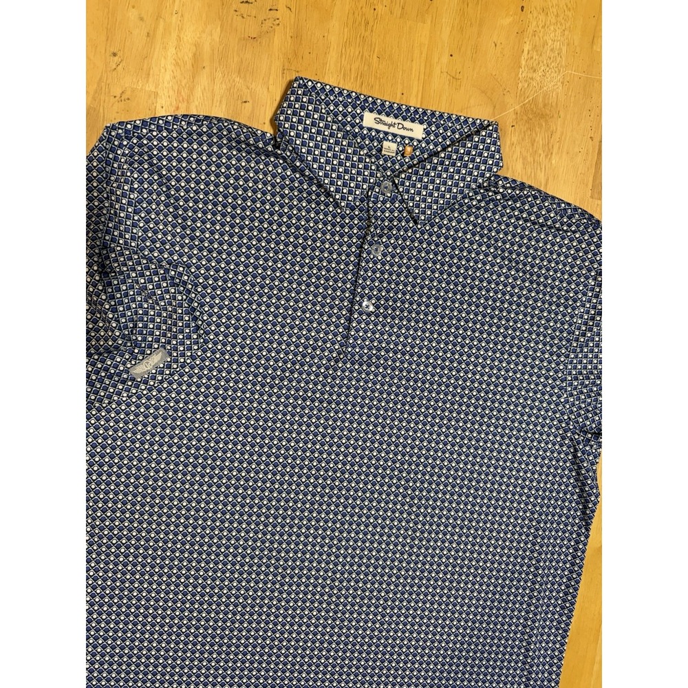 Straight Down Men's L Golf Polo Shirt Blue Geometric Print UPF 50 Embroidered